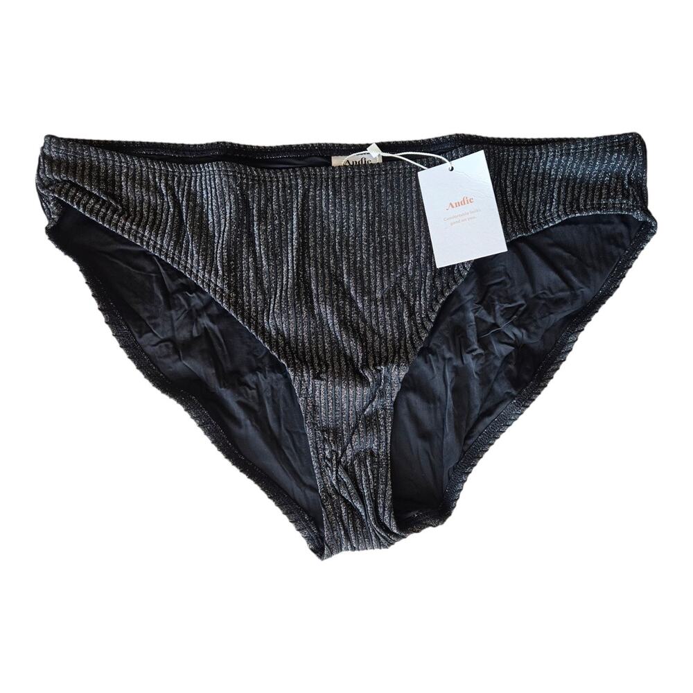 ANDIE XL Swimsuit Bikini Bottom Ribbed Black Metallic Silver Style AB459 NEW